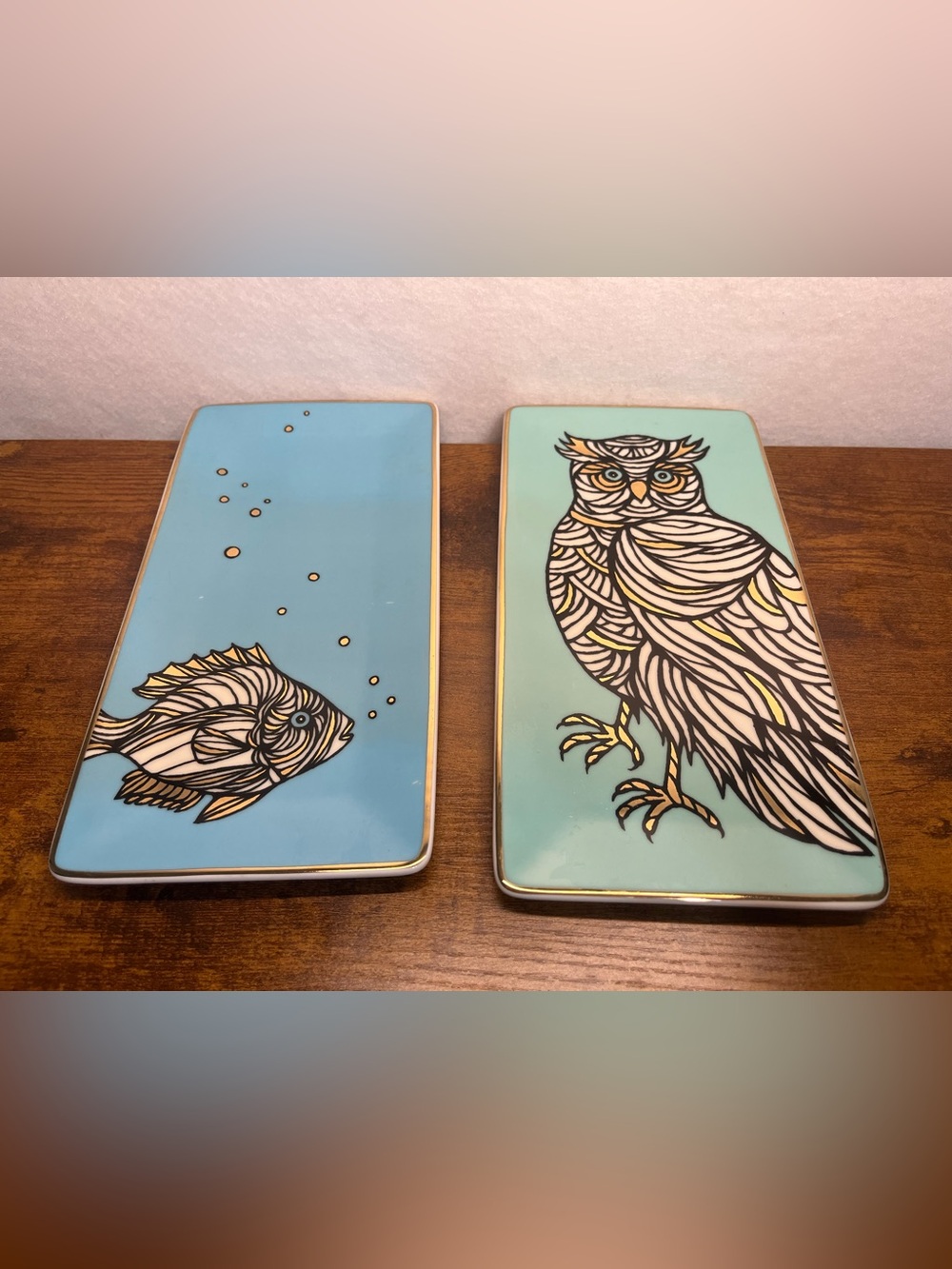 Patch NYC Aqua Ceramic Owl & Fish Decorative Trays